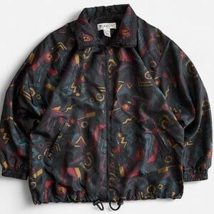 Vintage Lavon Retro 80s 90s Funky Geometric Pattern Black Windbreaker Jacket